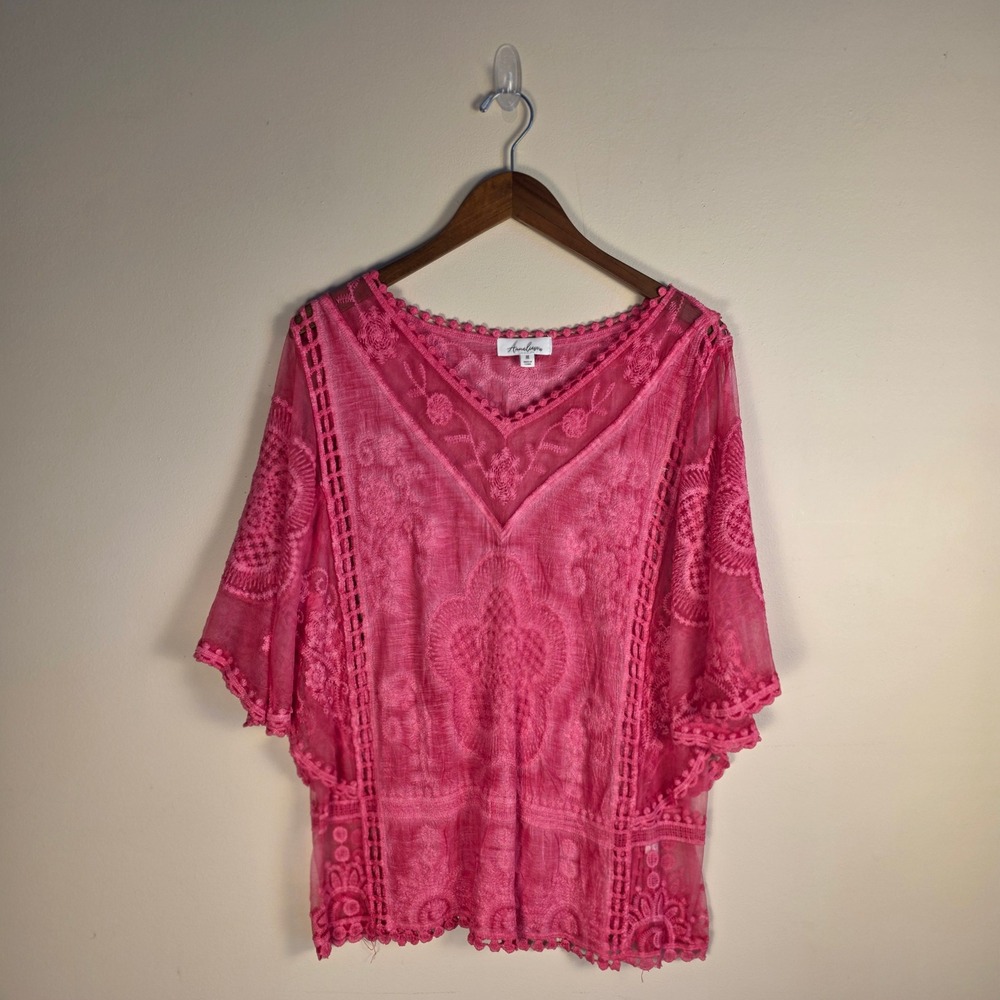 Anneliese Embroidered Mesh Blouse Women Size M Pink Boho Sheer V-Neck Top